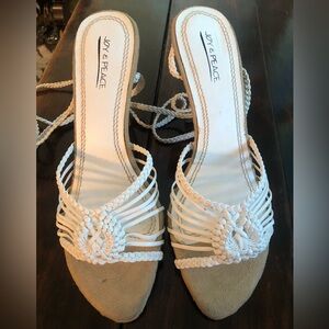 3/$20 JOY & PEACE 8.5, strappy white leather heeled sandals